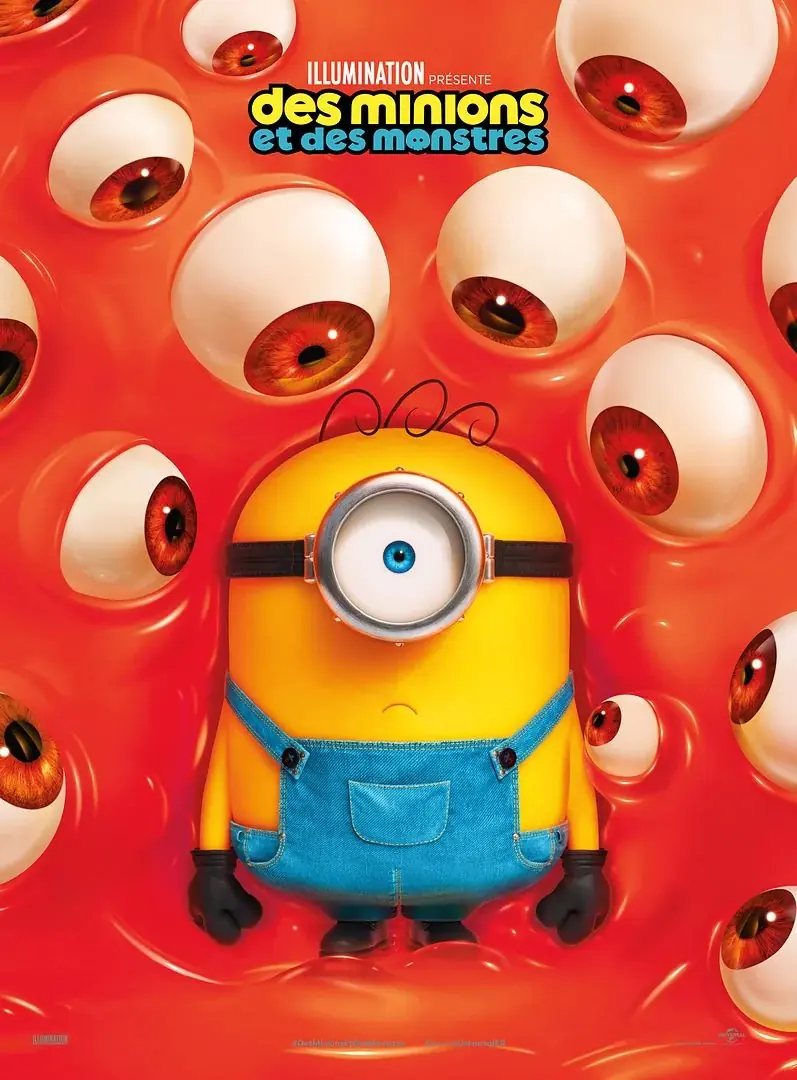 Affiche des minions et des monstres, un minion est entouré de yeux