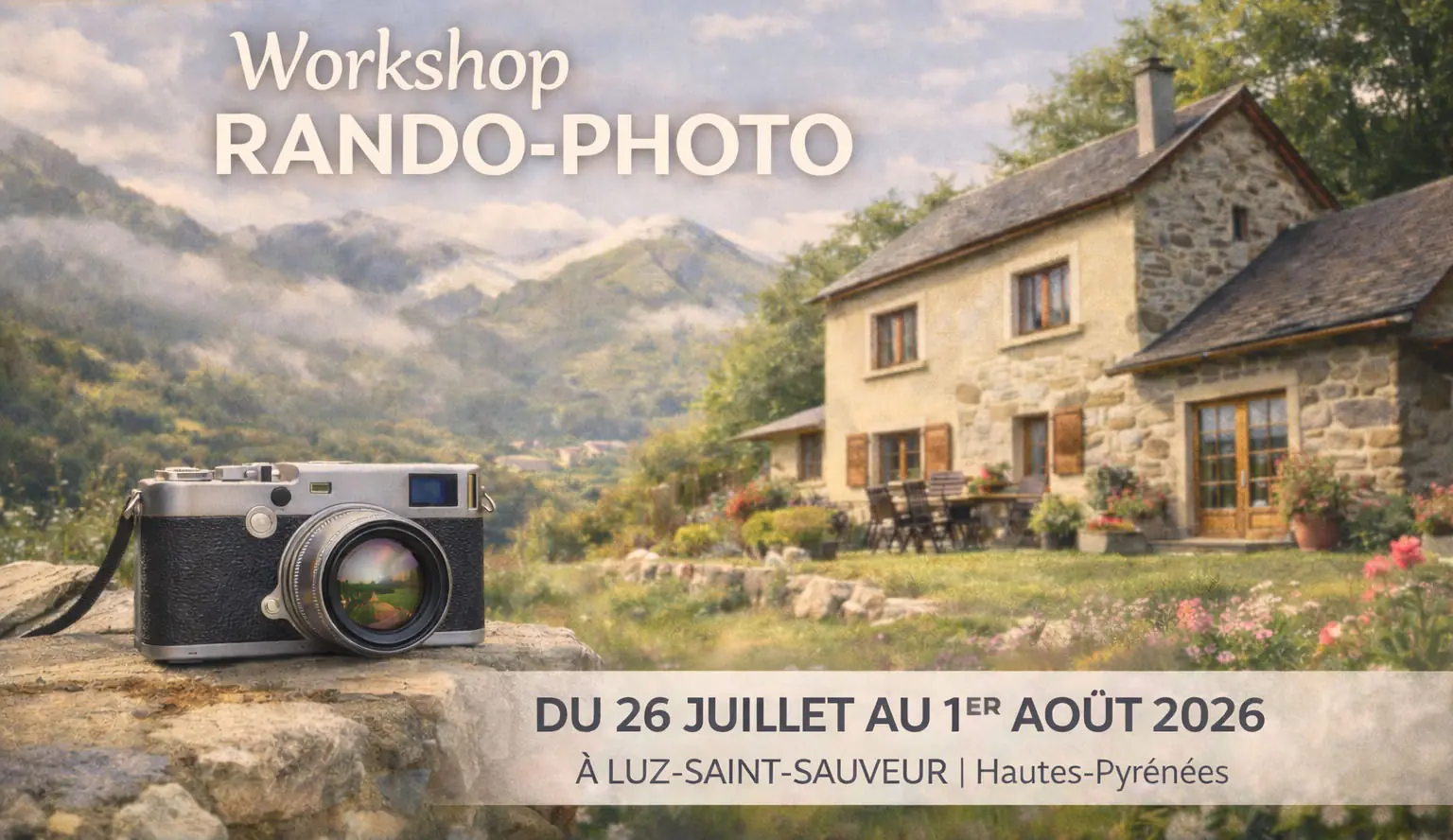 Annonce work shop rando-photo une grande en arrière plan et un appareil photo au premier