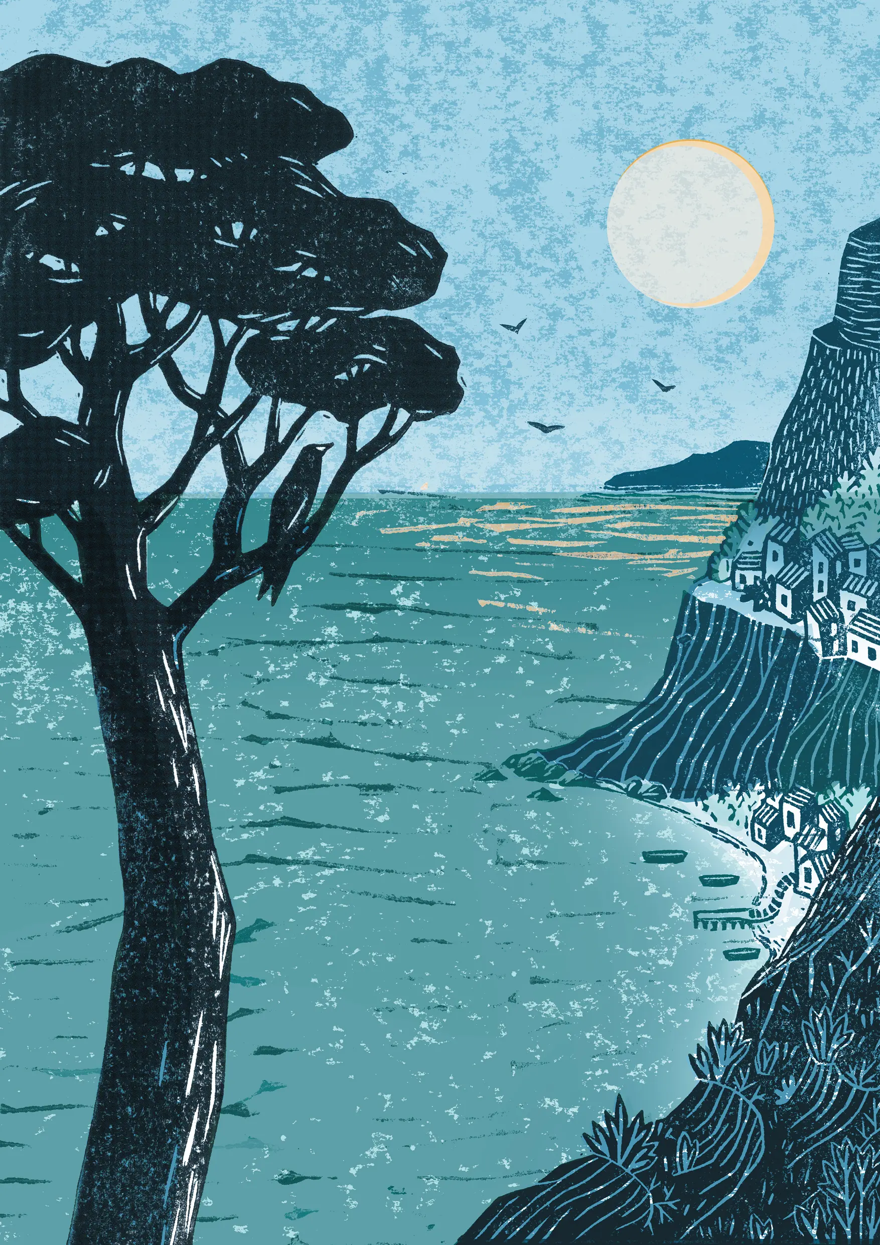 dessin mer avec falaise et arbre