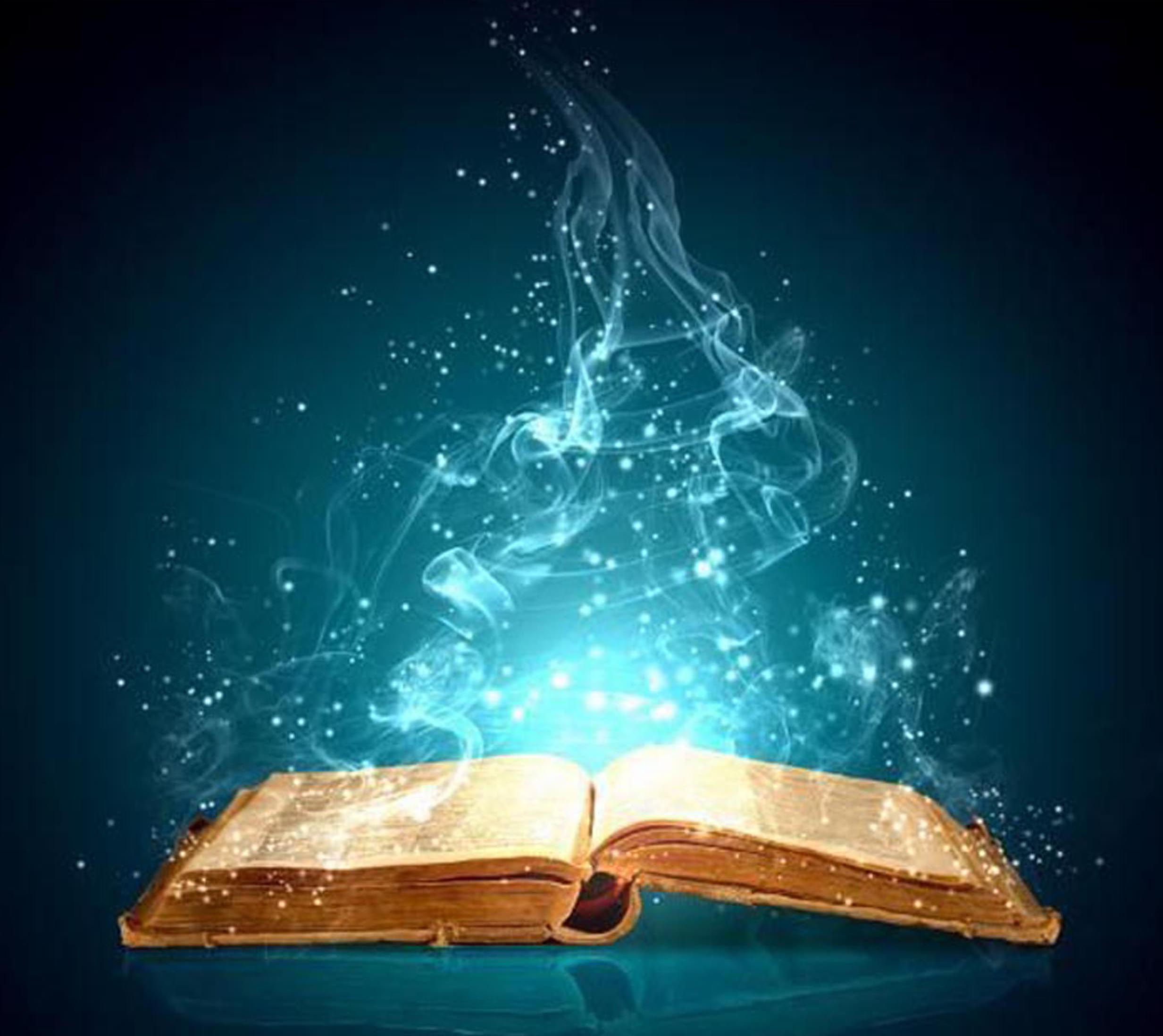 Dessin d'un livre ouvert avec une fumée magique qui s'en échappe