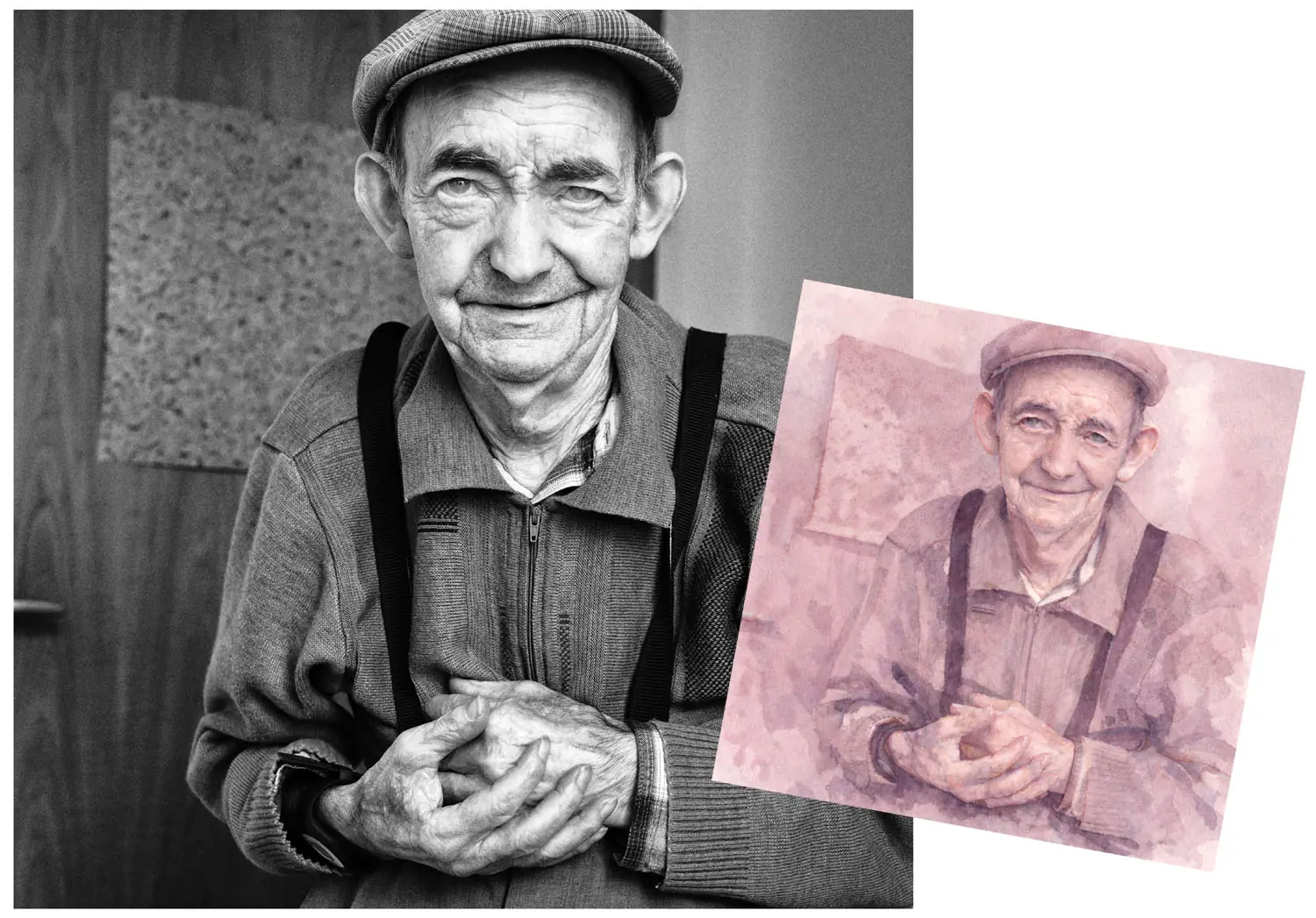 Photo en noir et blanc d'une personne agée et la même photo en couleur à côté